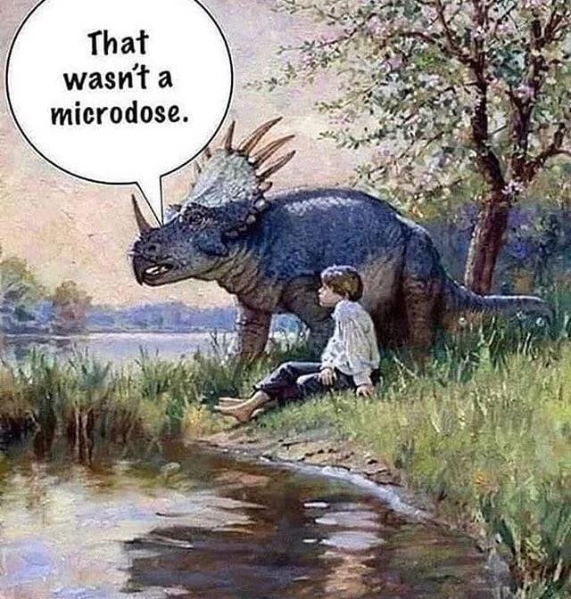 A whimsical classical art meme showing a Victorian-era boy sitting by a riverbank next to a large dinosaur, with a speech bubble suggesting a "microdose" went wrong.