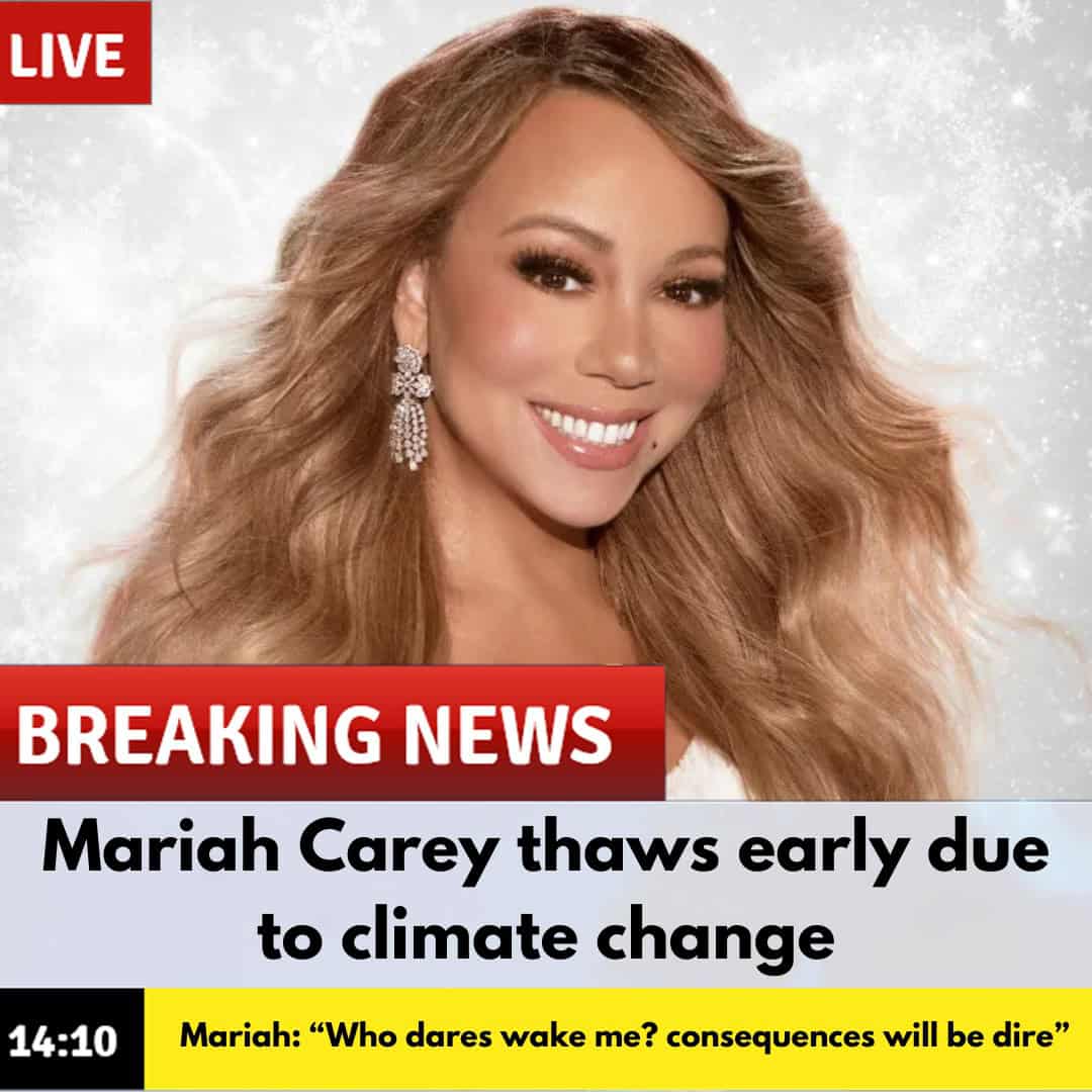 A breaking news graphic featuring pop singer Mariah Carey smiling beneath festive, snowy text.