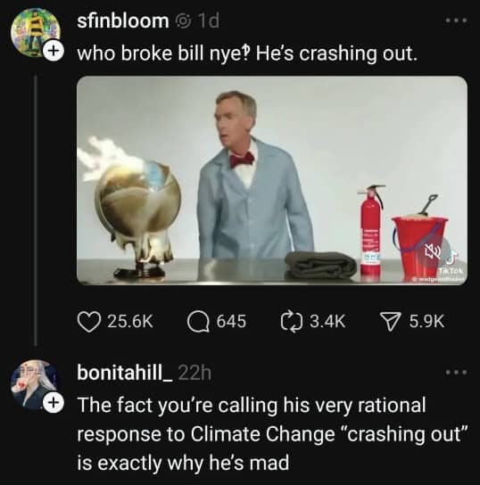 A social media screenshot showing Bill Nye standing next to a burning globe on a table.