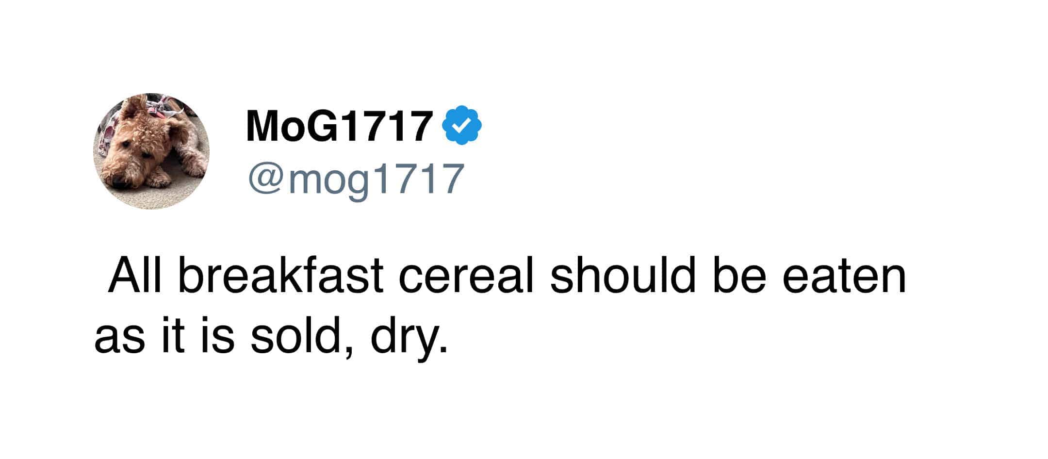 A profile of MoG1717’s terrier arguing for dry breakfast cereal consumption.