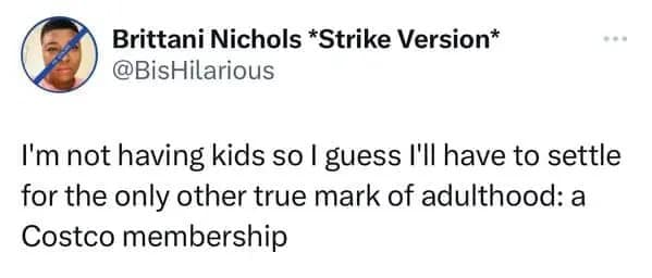 A relatable Costco meme tweet arguing that getting a warehouse membership is the "only other true mark of adulthood" for those choosing not to have children.