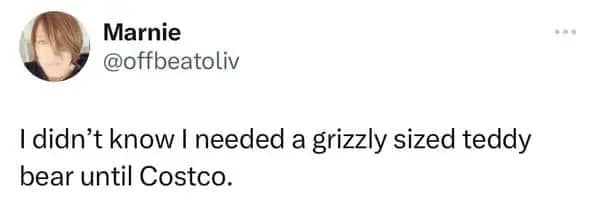 Costco meme from @offbeatoliv about the sudden, aggressive realization that she needs a grizzly-sized giant teddy bear only after seeing it in the warehouse aisle.