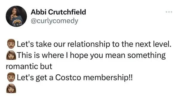 A Costco meme dialogue exchange suggesting that getting a joint membership is the ultimate way to "take a relationship to the next level."