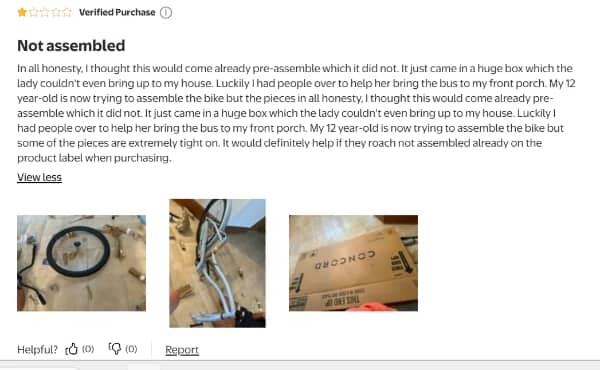 Amazon review 1 star, unboxing bicycle parts, not assembled,