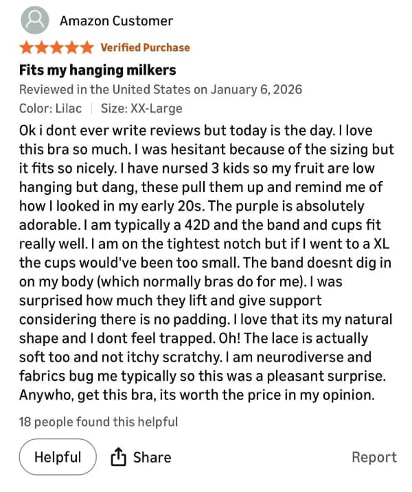 Amazon review 5 stars, US review, bra, humorous slangs, sizing and fit.