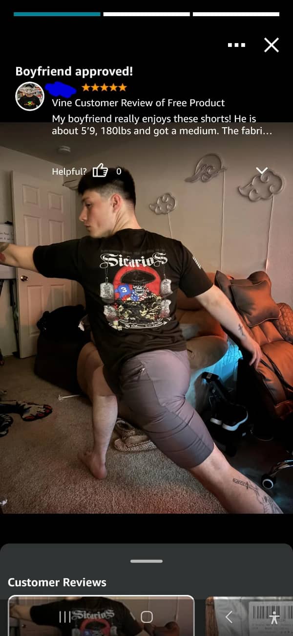 Amazon review 5 stars, Vine review, boyfriend approved, modeling shorts, Sicarios shirt.