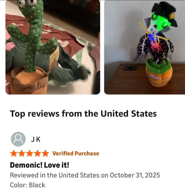 Amazon review 5 stars, dancing cactus toy, US review, "Demonic! Love it!"