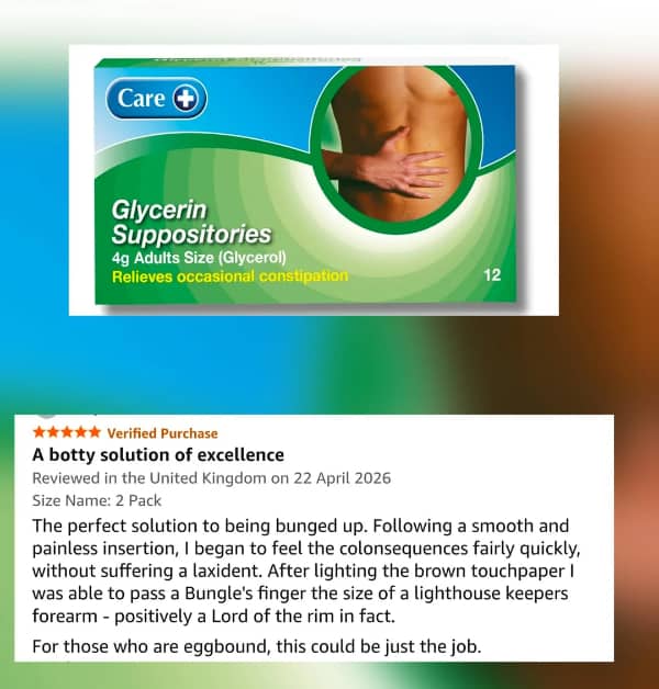 Amazon review 5 stars, UK review, glycerin suppositories, "botty solution," humorous description.