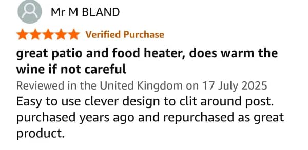 Amazon review 5 stars, patio heater, UK review, Mr M Bland, "clit around post" typo.