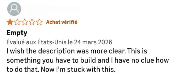 Amazon review 1 star, "Empty," build required, no clues, stuck.