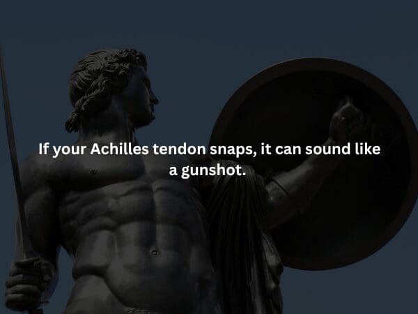 A dark, muscular statue of a Greek warrior holding a shield, with text stating that the sound of an Achilles tendon snapping can be loud enough to be mistaken for a gunshot.