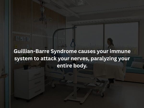 A dark, clinical photo of an empty hospital bed, featuring the medical fact that Guillain-Barré Syndrome can cause your immune system to paralyze your entire body.
