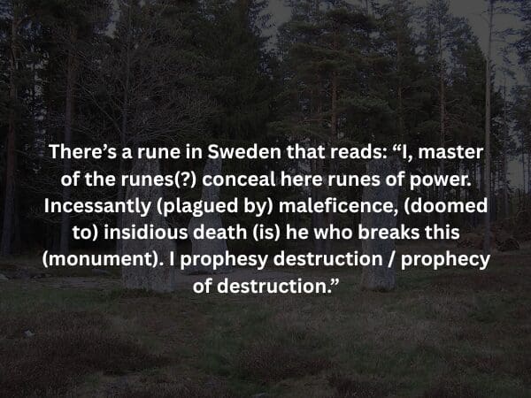 A shadowy silhouette of a massive standing stone rune in a dark Swedish forest, with text translating its warning: a prophecy of insidious death and destruction for anyone who breaks the monument.