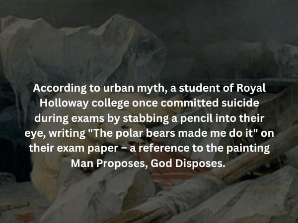 A grim, low-contrast painting of polar bears on jagged ice, with text describing an urban myth about a Royal Holloway student who committed suicide during an exam while referencing this specific painting.