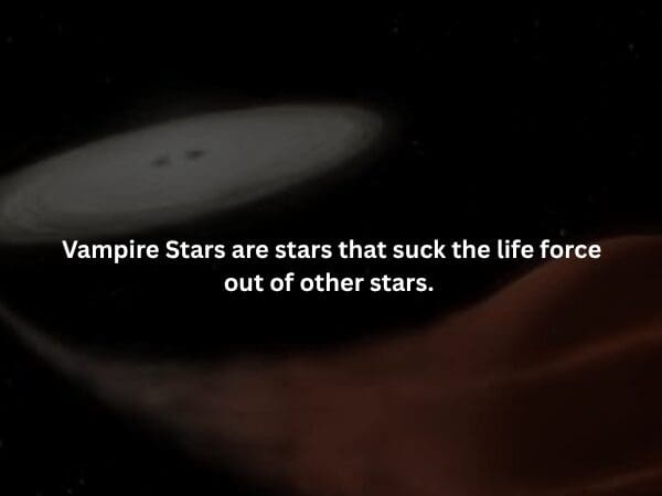 A digital rendering of a binary star system in deep space where one star is stripping material from its companion, with text defining "Vampire Stars" as stars that suck the life force from others.