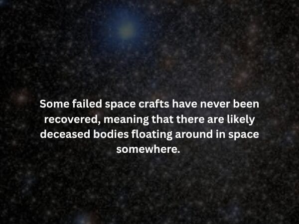 A wide field of distant stars in deep space, with text noting that failed, unrecovered spacecraft likely contain deceased bodies floating eternally through the cosmos.