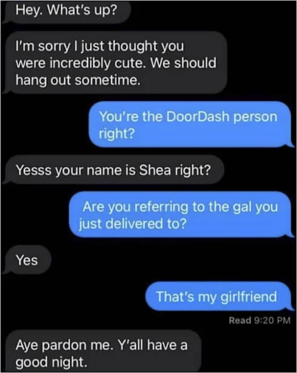 A DoorDash driver gets shut down after trying to hit on a customer whose boyfriend answered.