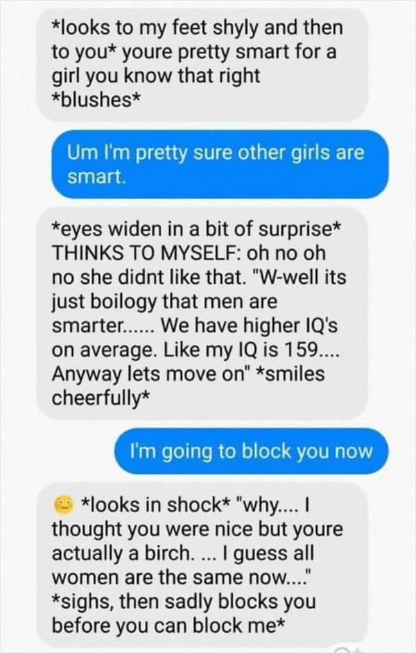 Cringe roleplay text conversation where a guy claims men are smarter due to biology and gets blocked.