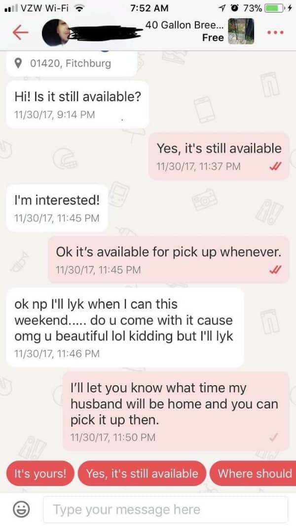 Marketplace seller shuts down a creepy buyer by mentioning her husband will be home for pickup.