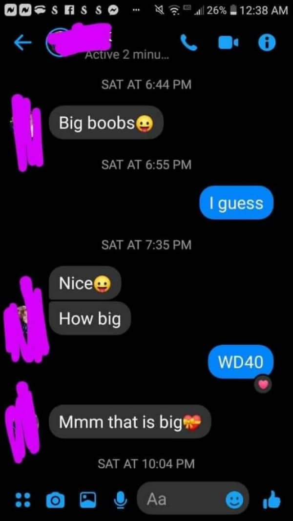 Inappropriate text exchange where a person responds to "how big" with the brand name WD40.