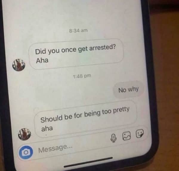 A cheesy pickup line text asking if someone was arrested for being too pretty.
