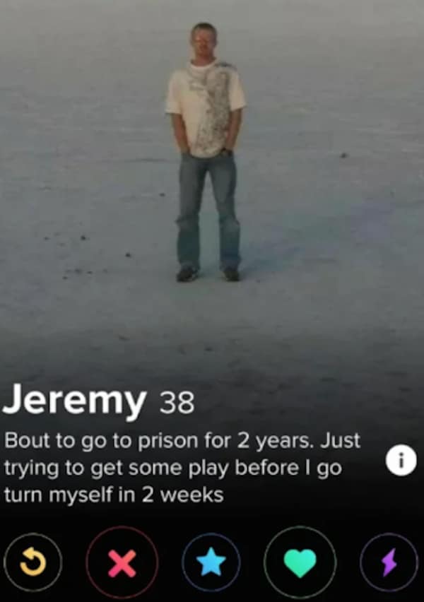 A far-away landscape photo features a funny dating app profile for 38-year-old Jeremy standing in a white desert, paired with an intense ticking-clock bio stating he goes to prison for two years in two weeks and is looking for some quick play.