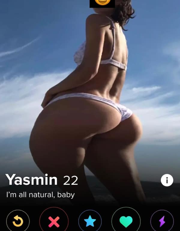 cringy tinder profile for 22-year-old Yasmin features a text bio reading "I'm all natural, baby" below a wildly warped and poorly photoshopped bikini image showing extreme curves with unnatural background distortion.