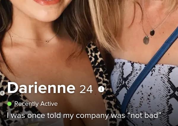 A funny dating app profile for 24-year-old Darienne displays a cropped photo of two women at an outing above a self-deprecating, minimalist bio stating, "I was once told my company was 'not bad'".
