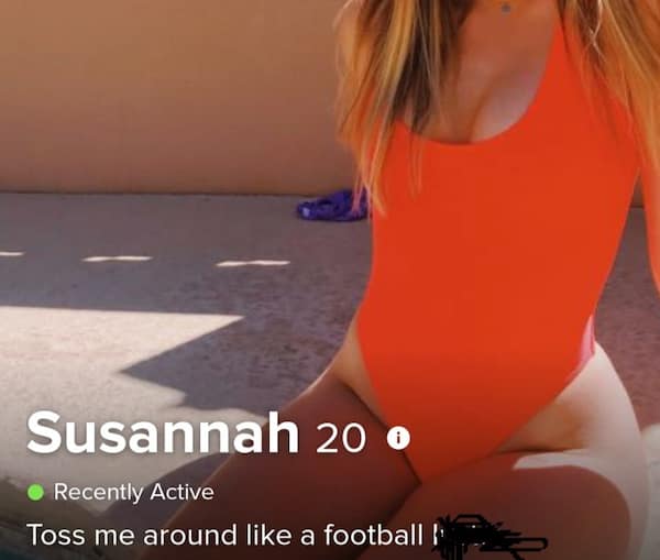 A funny dating app profile for 20-year-old Susannah features a photo of her wearing a vibrant neon orange one-piece swimsuit with a bio reading, "Toss me around like a football".