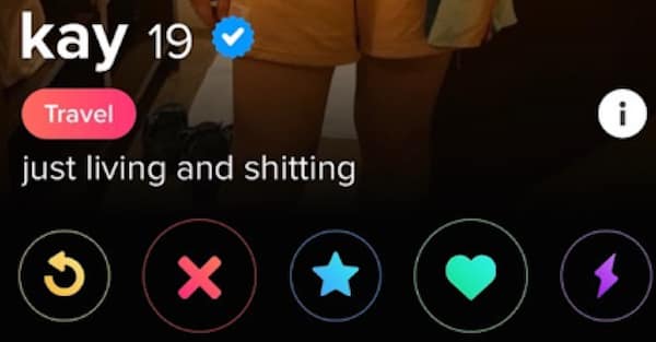 A verified funny dating app profile card for 19-year-old kay features a travel badge over a hilariously baseline, anti-philosophical bio that simply reads, "just living and shitting."