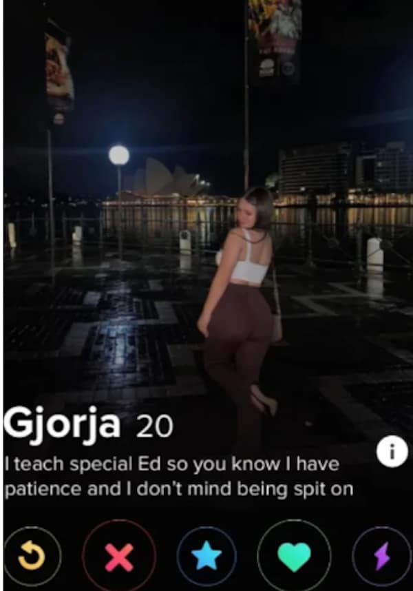 A cringy tinder profile for 20-year-old Gjorja features her posing in a white crop top in front of the illuminated Sydney Opera House at night with a darkly humorous bio regarding her work in special education.