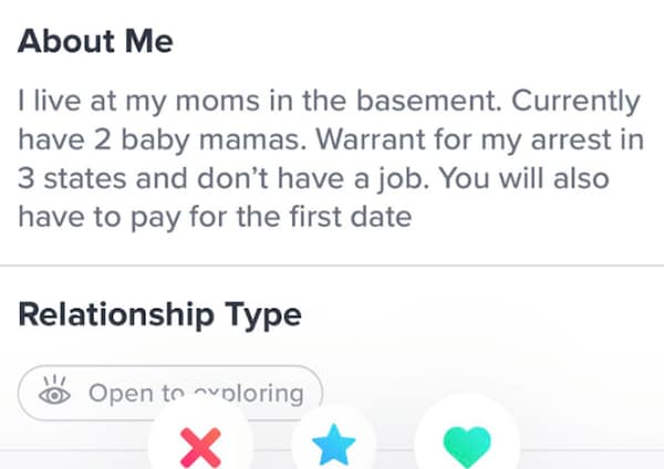 The "About Me" section of a male user's funny dating app profile proudly details a staggering checklist of red flags, including living in his mom's basement, having two baby mamas, active arrest warrants in three states, no job, and requiring the match to pay for the first date.