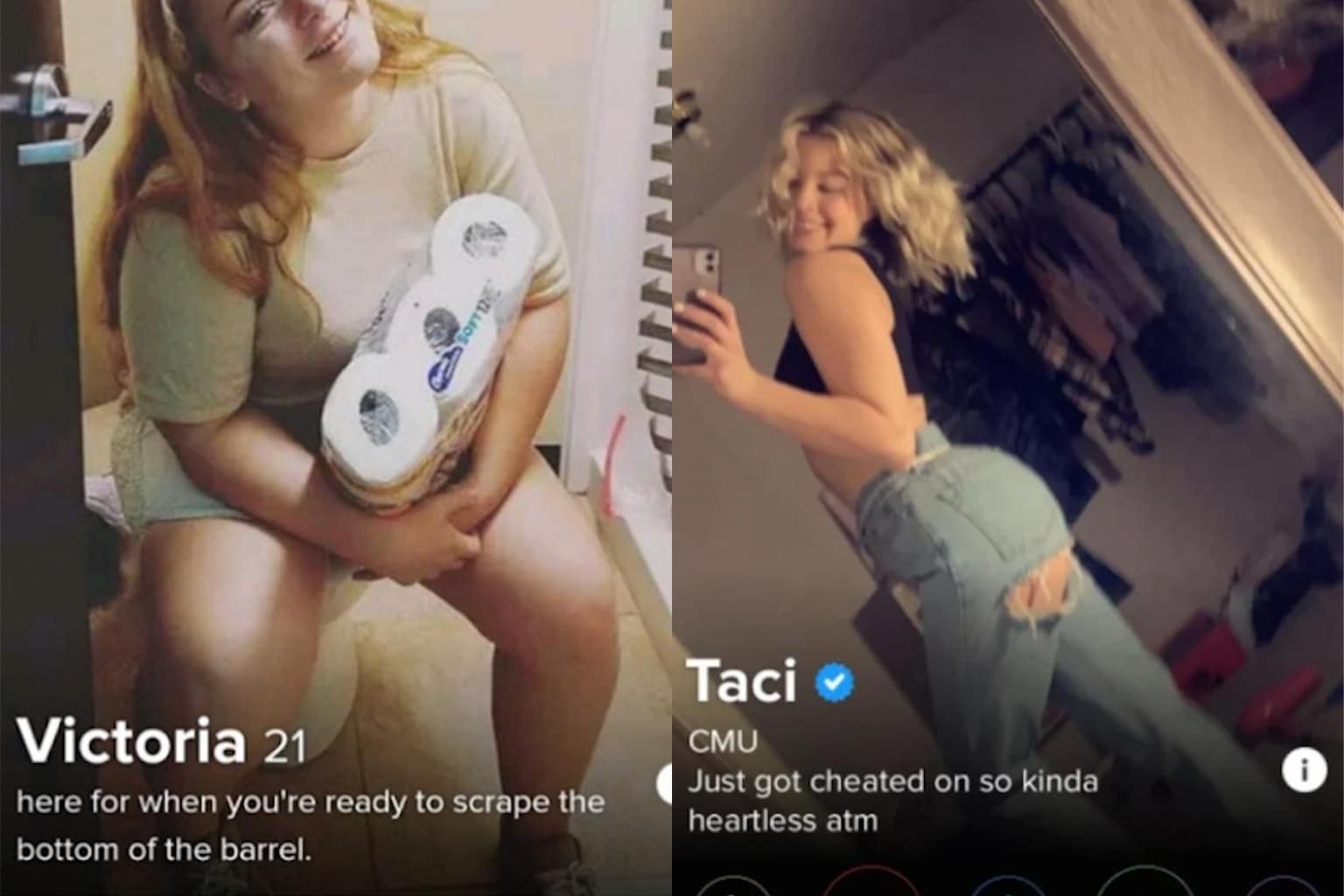 A cringy tinder profiles compilation tracking the wildest and most unhinged bios across modern digital dating apps, highlighted by a woman sitting on a toilet clutching a bulk pack of toilet paper, an extreme, badly photoshopped bikini body claiming to be "all natural," and a user announcing a 2-week countdown clock before turning himself into state prison.