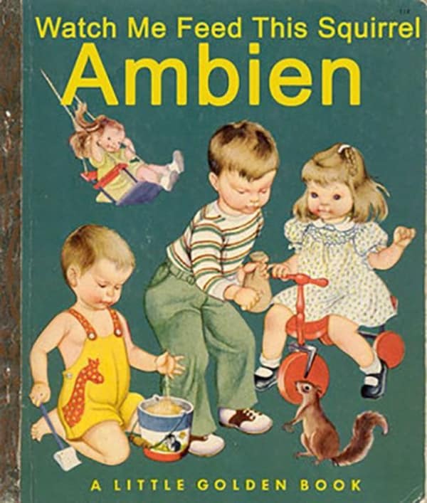 A dark cursed book parody of a Little Golden Book titled "Watch Me Feed This Squirrel Ambien," featuring a vintage illustration of children playing, with one boy offering a suspicious bag to a squirrel.