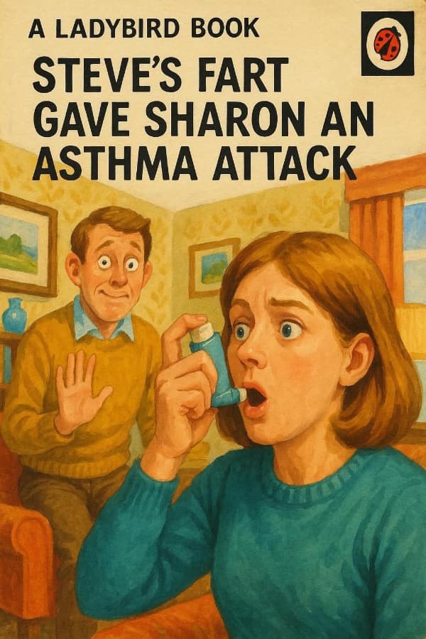 A hilariously specific cursed book titled "STEVE'S FART GAVE SHARON AN ASTHMA ATTACK," showing a man with a smug expression in the background while a woman frantically uses a blue rescue inhaler.