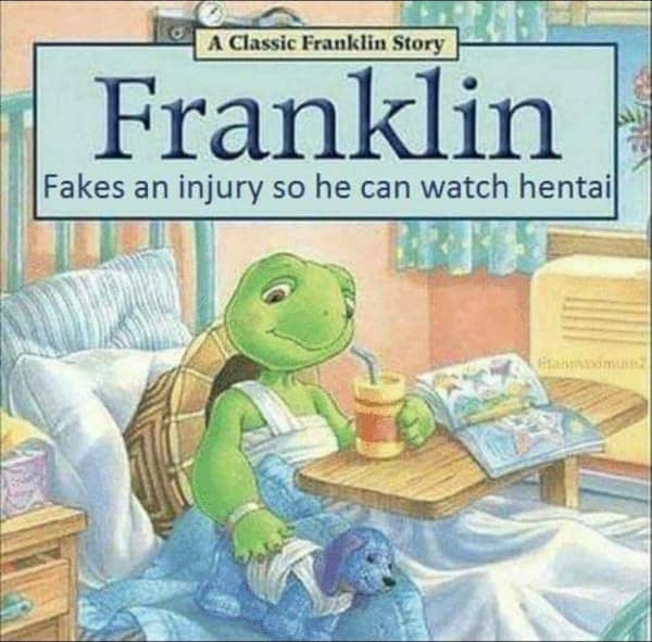 A degenerate cursed book parody of Franklin the Turtle titled "Franklin Fakes an injury so he can watch hentai," showing the cartoon turtle tucked into bed with a fake bandage on his arm.