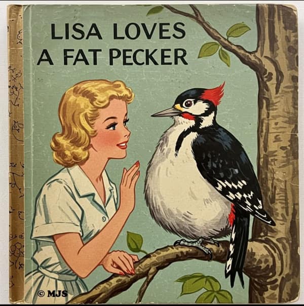 A suggestive cursed book cover titled "LISA LOVES A FAT PECKER," showing a 1950s-style illustration of a girl admiring an unnaturally round and oversized woodpecker sitting on a tree branch.