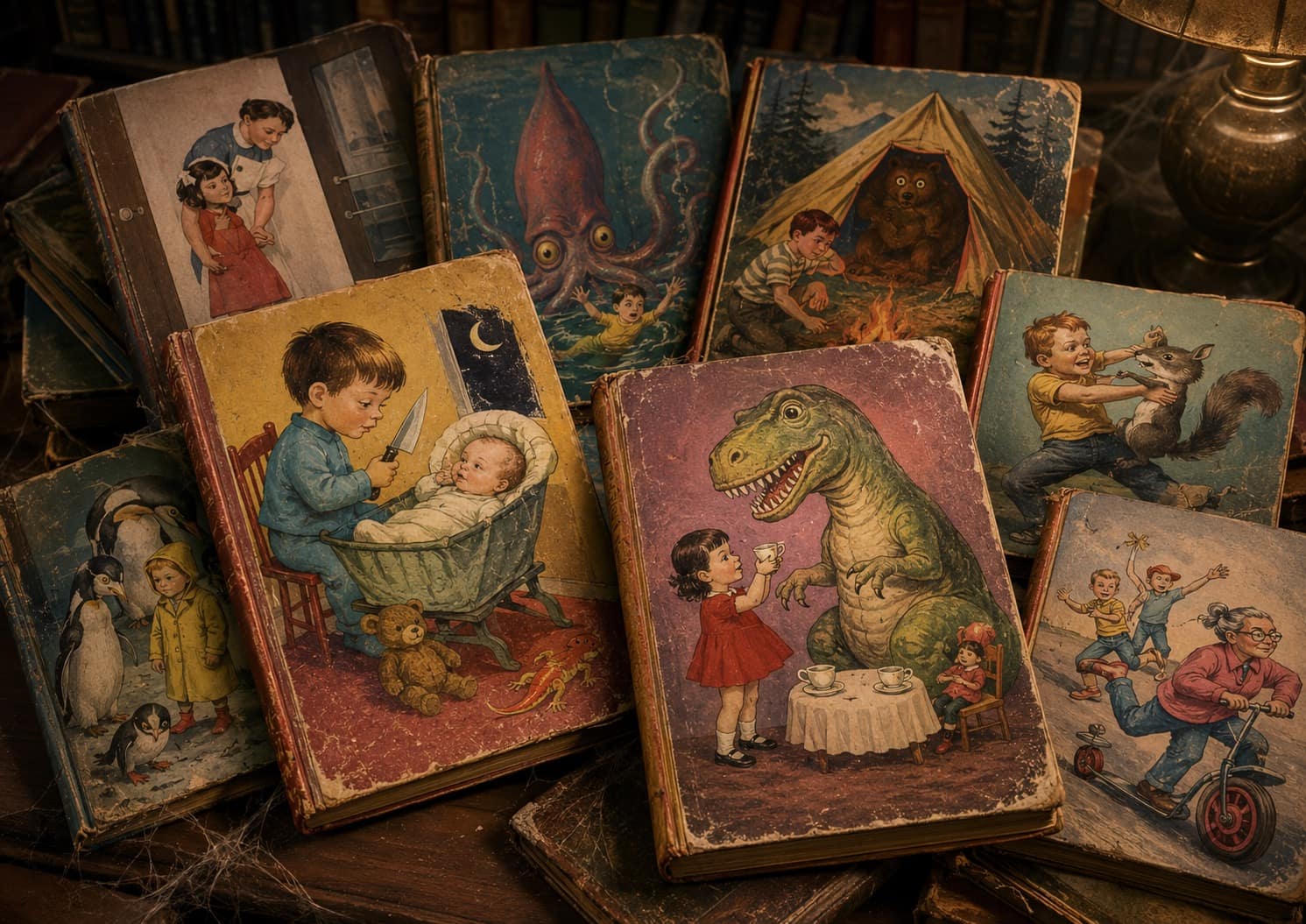 Gallery of cursed book covers that aggressively subvert childhood nostalgia, featuring Ernie from Sesame Street crafting an "enemy bone necklace," a man’s flatulence triggering a woman’s asthma attack, and a Little Golden Book about feeding a squirrel Ambien.