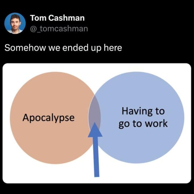 A dark humor meme featuring a Venn diagram where the intersection of "Apocalypse" and "Having to go to work" is a tiny sliver labeled "Somehow we ended up here."