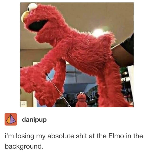 chaotic dark meme from Tumblr showing an Elmo puppet being held in a contorted position while a second, tiny Elmo stares judgmentally from the background.