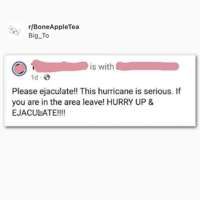 A "BoneAppleTea" style dark humor meme showing a Facebook post where a user frantically types "Please ejaculate!!" instead of "evacuate" during a serious hurricane warning.