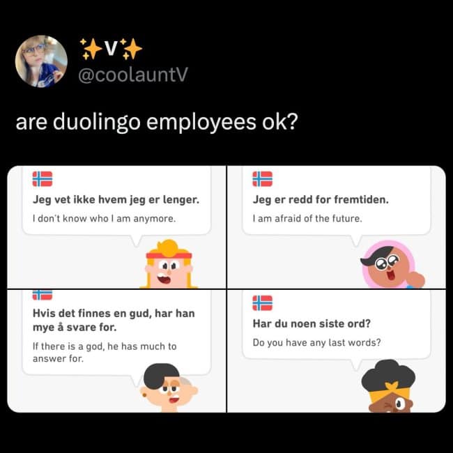 A compilation of screenshots from Duolingo, where the normally cheerful characters say terrifying things like "I am afraid of the future" and "Do you have any last words?" in Norwegian.