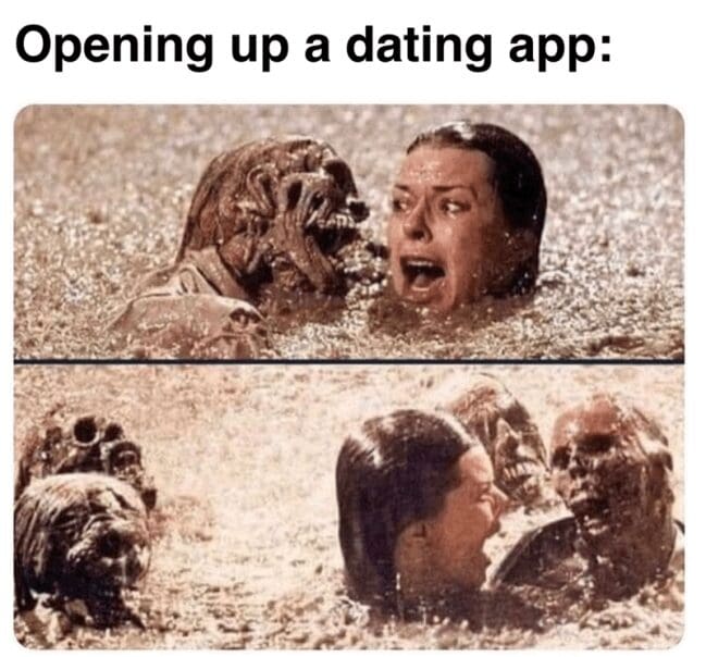 A graphic two-panel capture of decaying, mud-soaked zombies aggressively attacking a screaming woman inside a swamp serves as a visceral visual metaphor for opening up a dating app profile.