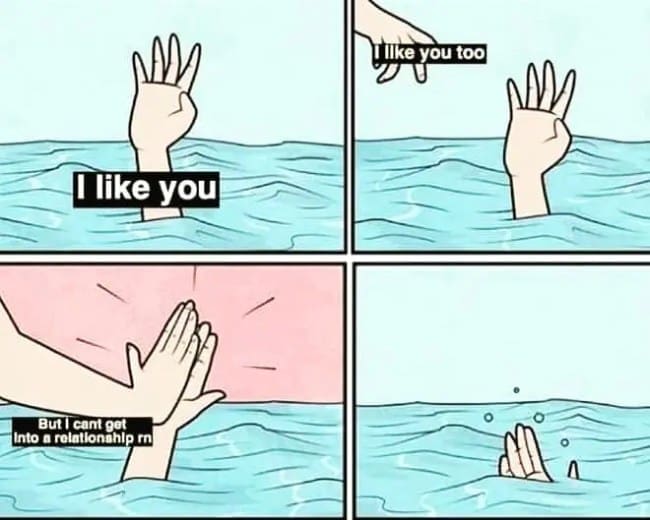 A four-panel drowning hand cartoon comic strip strip strip perfectly illustrates a sudden reversal of emotional availability, forming a relatable dating app meme about mixed signals.