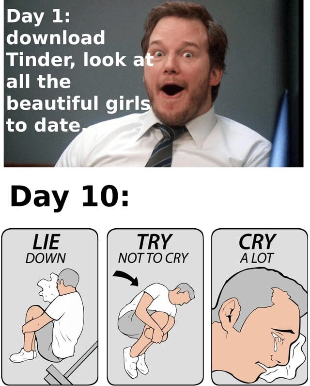 An enthusiastic, wide-eyed Chris Pratt from Parks and Recreation transitions into a classic three-panel cartoon layout about weeping on the floor in a funny dating app meme contrasting day one against day ten.