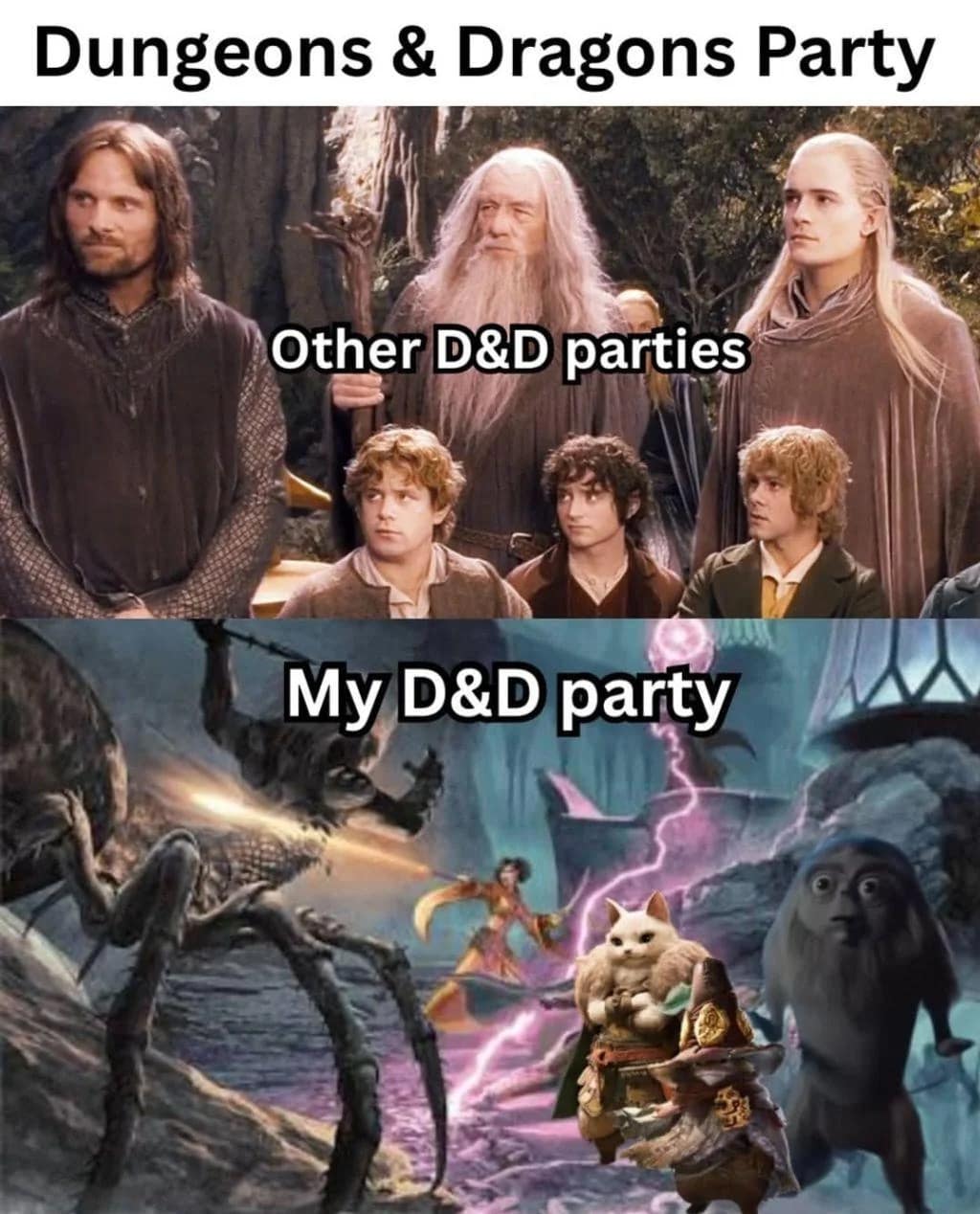 A classic comparison layout serves as a funny dnd meme contrasting the polished Lord of the Rings fellowship against a chaotic party of custom animal companions and monsters.