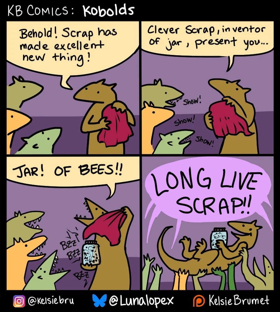 A colorful webcomic by Kelsie Brumet features a group of excited fantasy kobold characters celebrating a chaotic "jar of bees" weapon in a viral d&d meme.