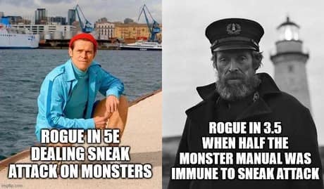 A side-by-side Willem Dafoe comparison serves as a funny dnd meme contrasting the carefree life of a 5e Rogue dealing sneak attacks to the pure mechanical trauma of a 3.5e Rogue fighting immune monsters.