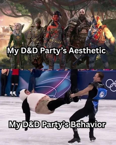 A split-panel d&d meme contrasts an epic, beautifully dark fantasy party aesthetic with a chaotic photo of an Olympic ice skater spinning a partner dressed in a giant plush panda suit.