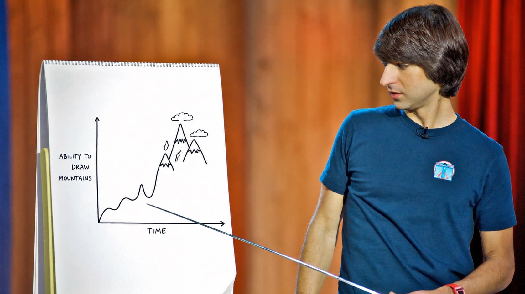 Funny Demetri Martin drawings gallery showcasing minimalist line art humor including a graph where a line becomes a literal mountain range, a slug’s nightmare of a giant salt shaker, and a man at a desk dreaming of a beach while the man on the beach dreams of a desk.